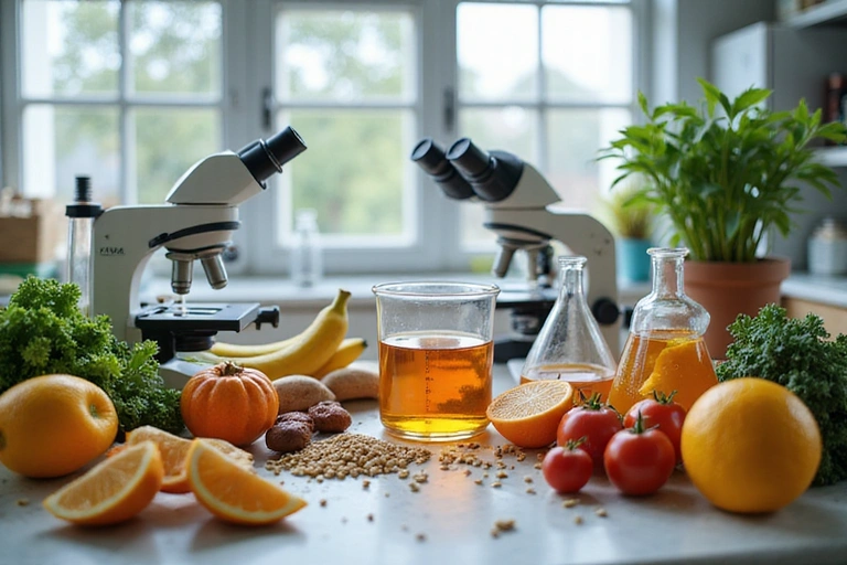 Immagine che evoca scienza, ricerca e salute, con provette, microscopi e alimenti freschi